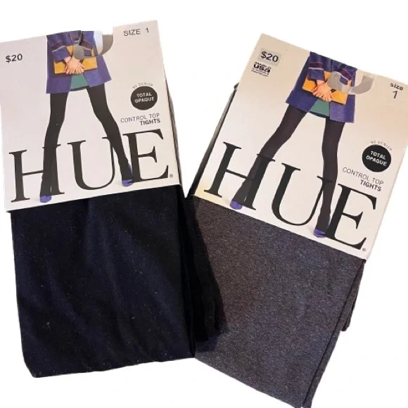 NWT- HUE- Set of 2 Total Opaque Control Top Tights. Black and Gray. Size:1 - Picture 9 of 9